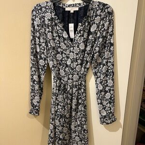 Loft NWT: long sleeve dress :navy/ white print:tie waist belt :button sleeve